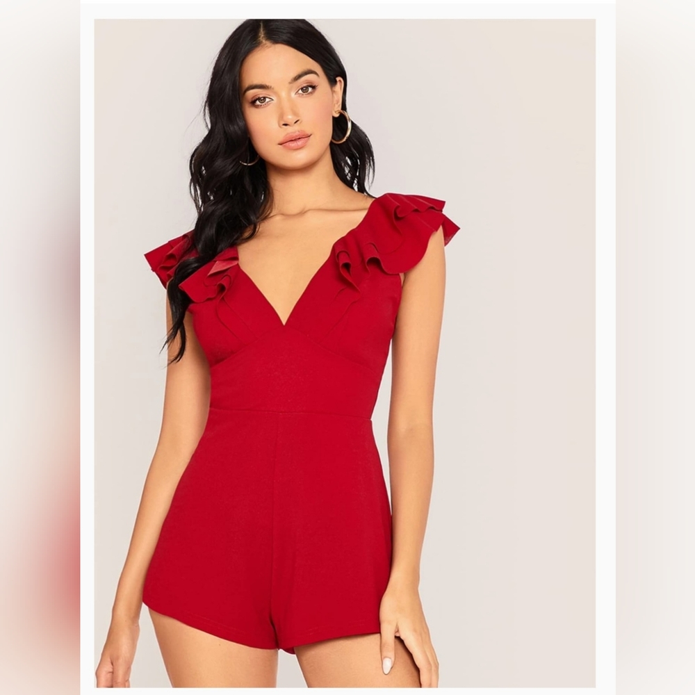 Women's Red V Neck Crisscross Backless Romper